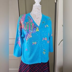 Michael Simon Deadstock Aqua Blue Silk Cardigan Sweater Sequined Fish Large